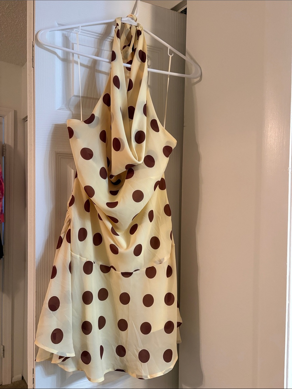 NWT Beverly & Beck PacSun Polka Dot Cowl Neck Mini Dress Cream Brown Large - Picture 6 of 11
